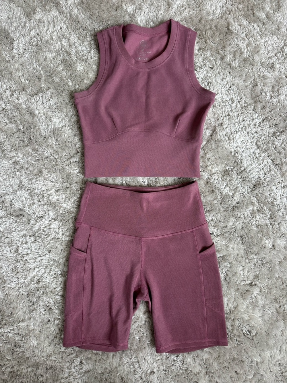 Mauve Ribbed Active Crop Top & High-Waist Bike Shorts Set